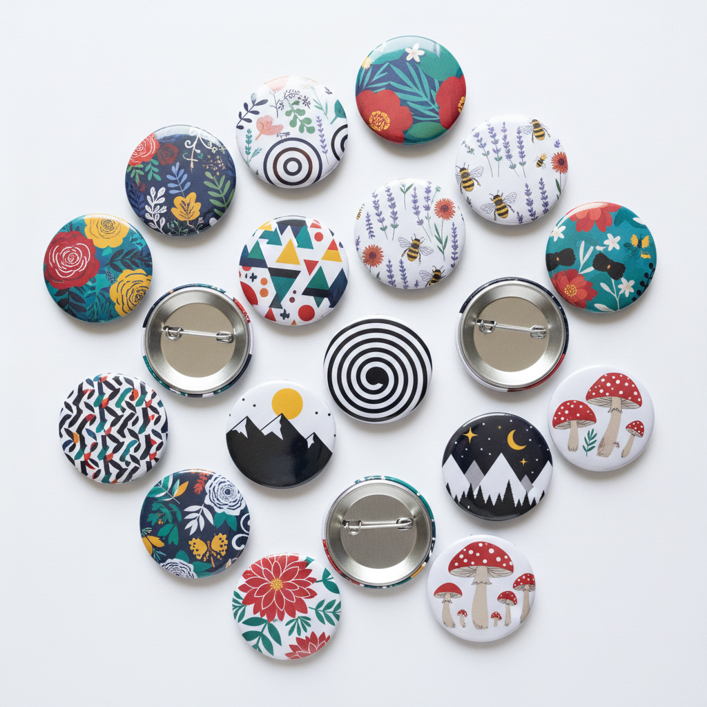 3-inch round button pins in assorted colorful designs